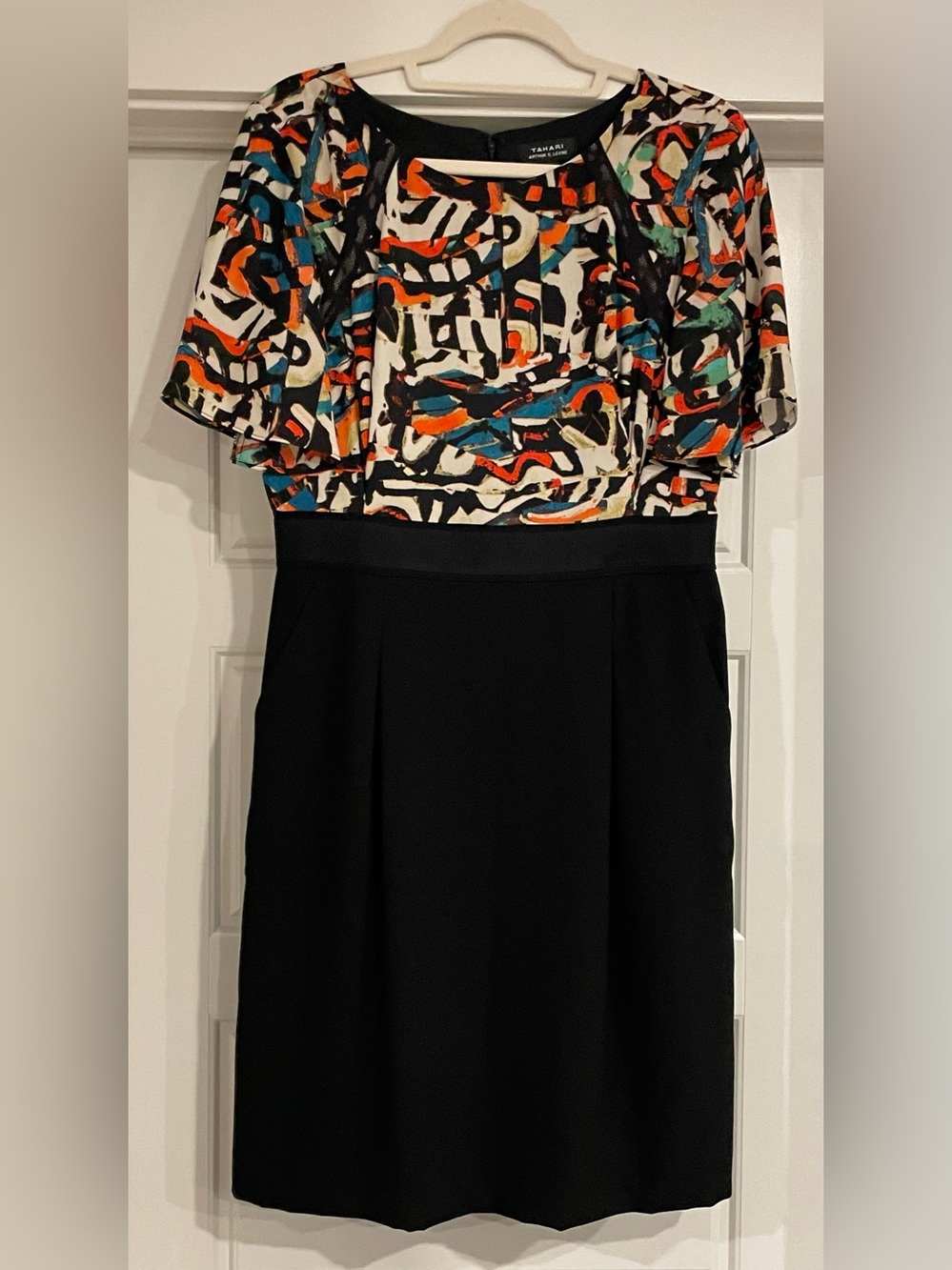Tahari Black Midi Dress with Multicolor Abstract Bodice